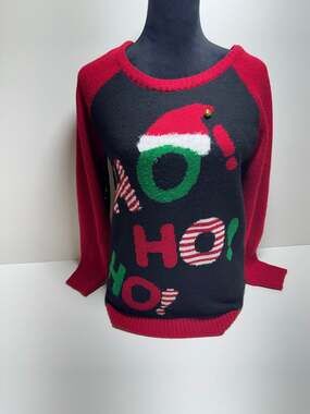 Ugly Christmas Sweater Sz L Black Red Green Ho Ho Ho I’m In Love With Derek